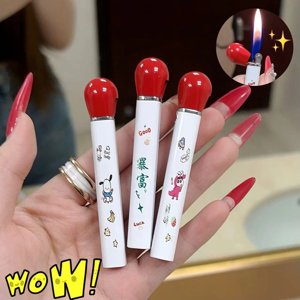 卡通可爱小火柴纤细创意打火机小巧便捷金属砂轮明火送男女友礼物
