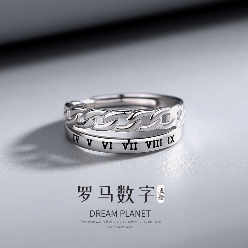 梵亚格 925银戒指 罗马数字银开口指环小众个性时尚百搭嘻哈尾戒
