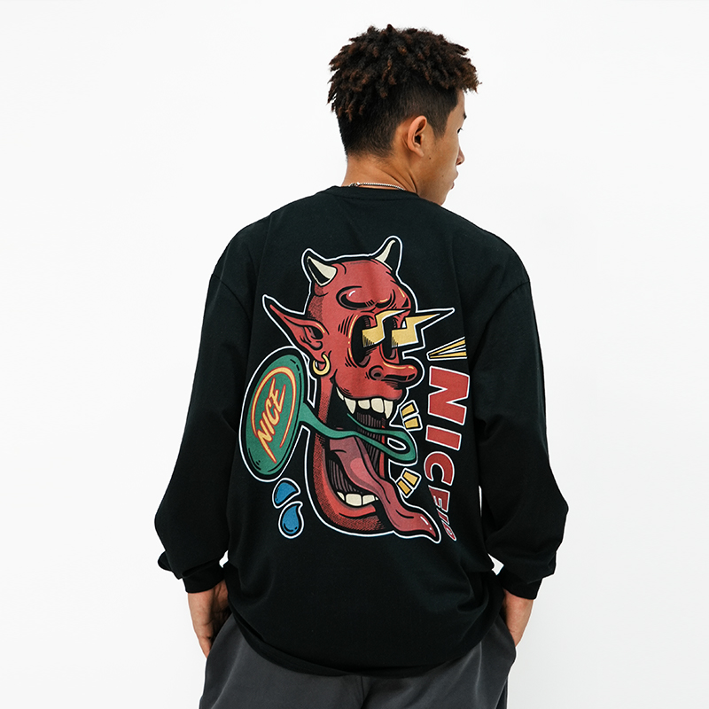 NICEID NICE恶魔印花篮球运动长袖棉打底衫男女春秋宽松投篮服