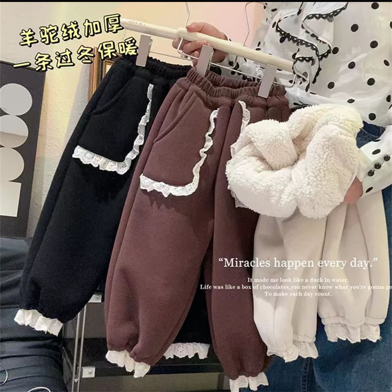 女童加绒雪尼尔裤子冬季一体绒儿童外穿加厚棉裤女童保暖宝宝长裤