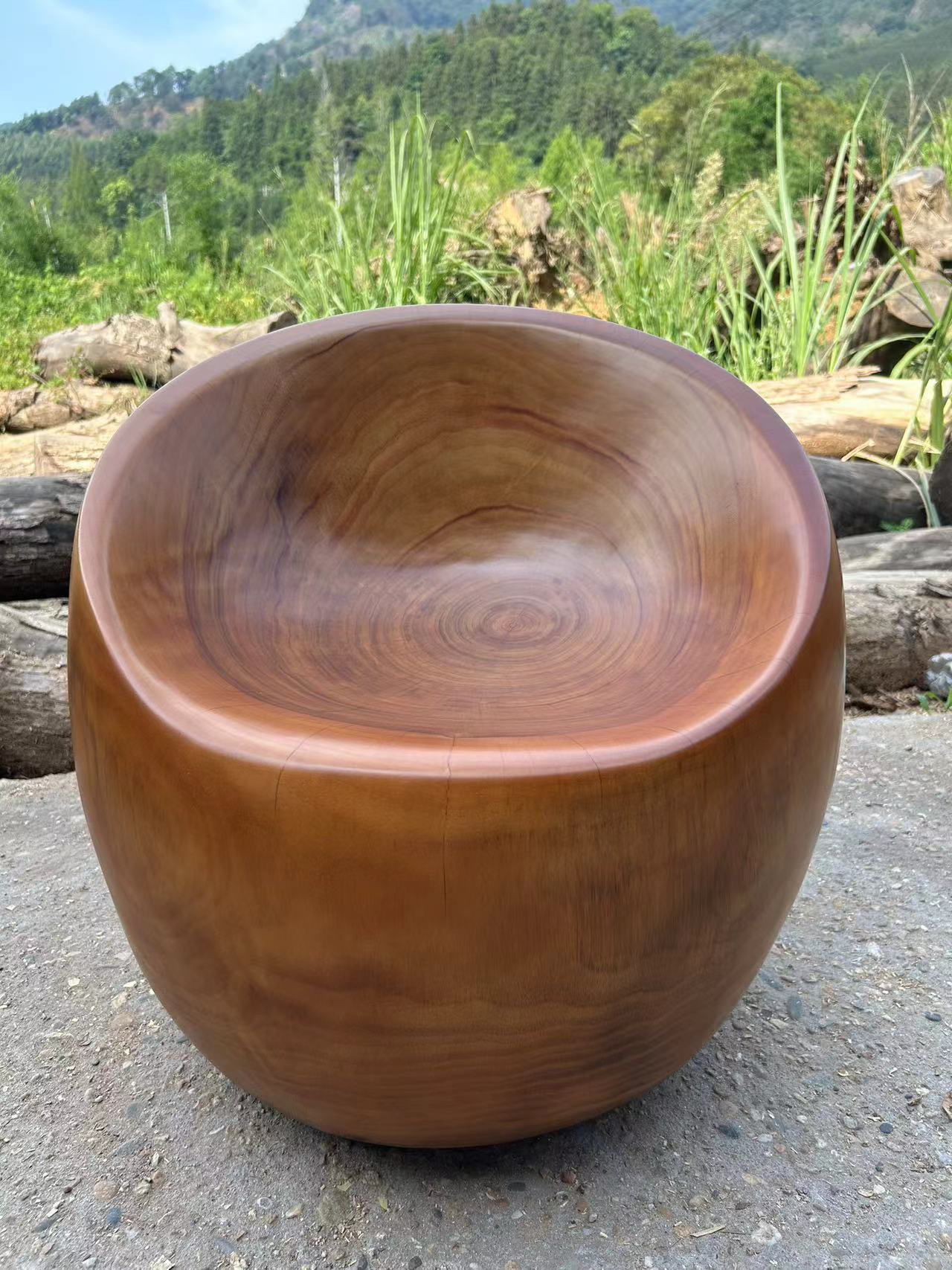 香樟木实木一体休闲椅时尚客厅家用创意纯手工圆形木纹木质