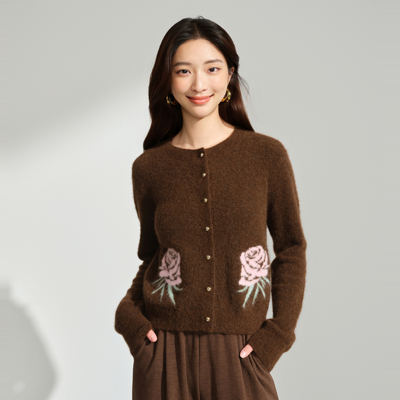 【舒软羊驼毛】玫瑰提花针织开衫秋冬毛衣外套DOUBLOVE贝爱新款