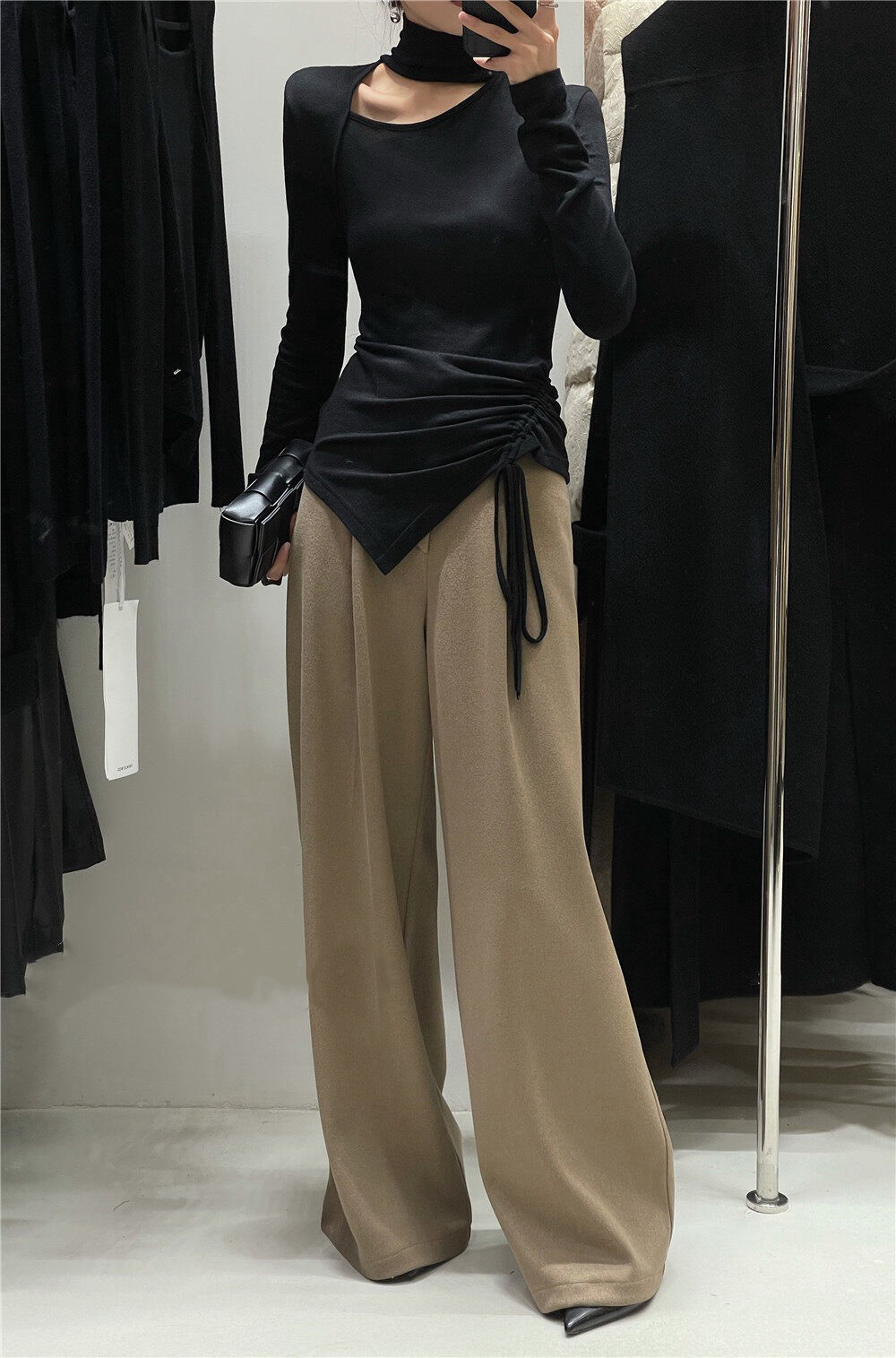 大牌简约高腰直筒毛呢休闲裤  