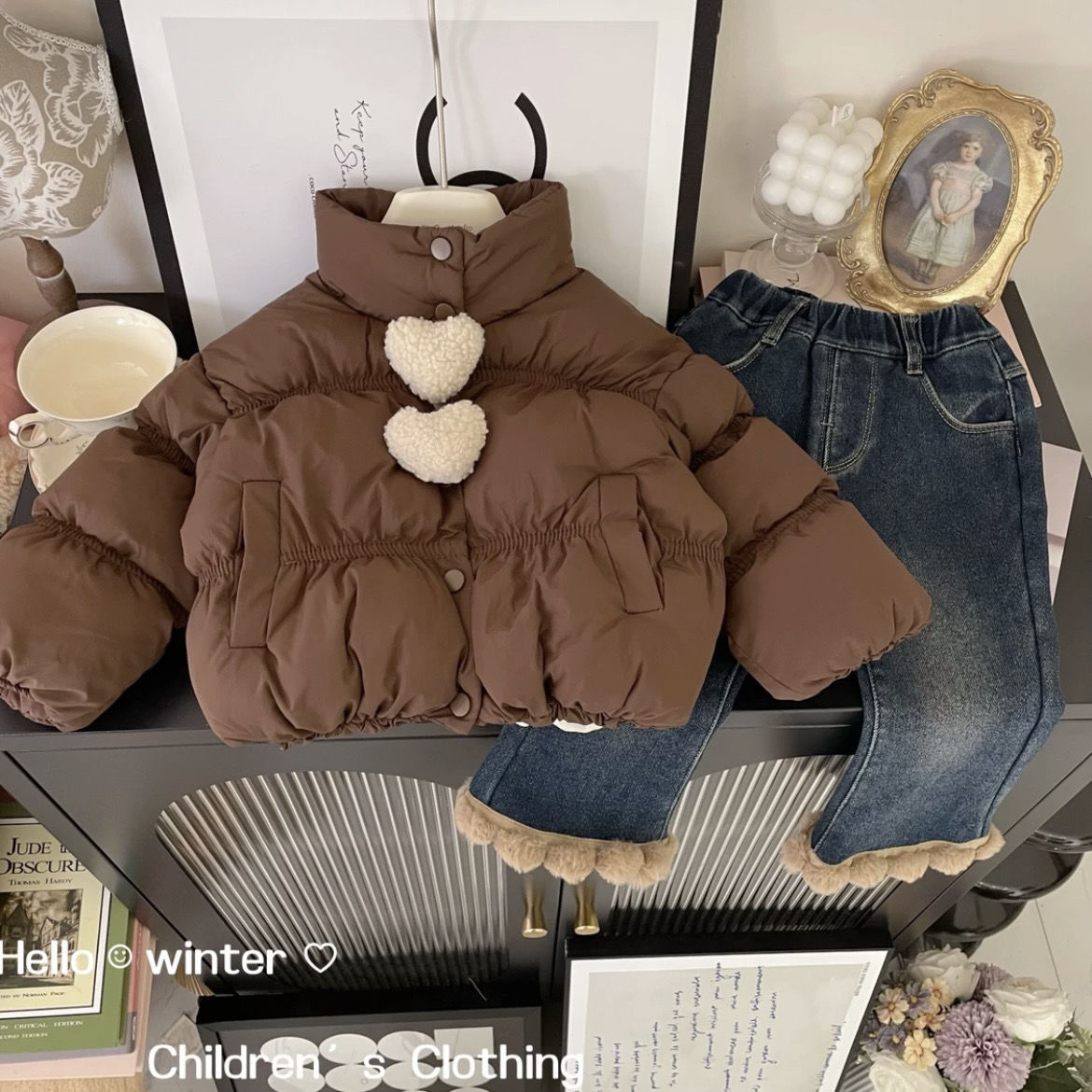 女童冬季棉服套装2023新款儿童加厚棉衣加绒牛仔裤两件套女孩冬装