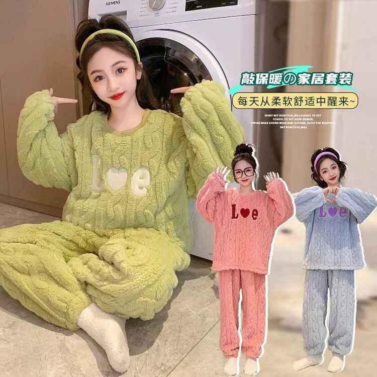 儿童睡衣珊瑚绒冬季加厚洋气睡衣女中大童秋冬儿童家居服可爱套装