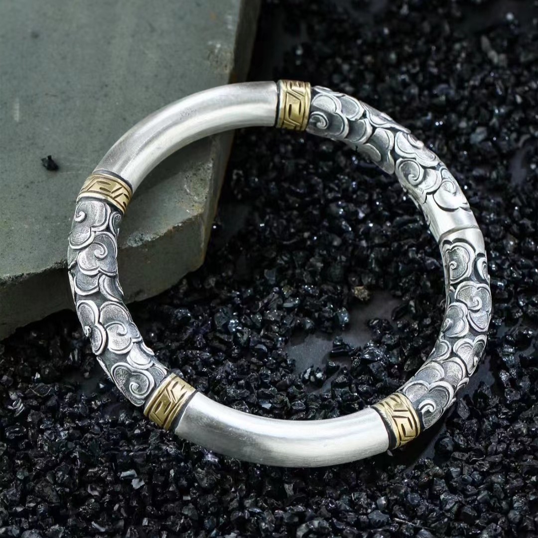 足银手镯 足银手镯足银手镯《银礼阁》手镯四环棒银饰银手镯男士