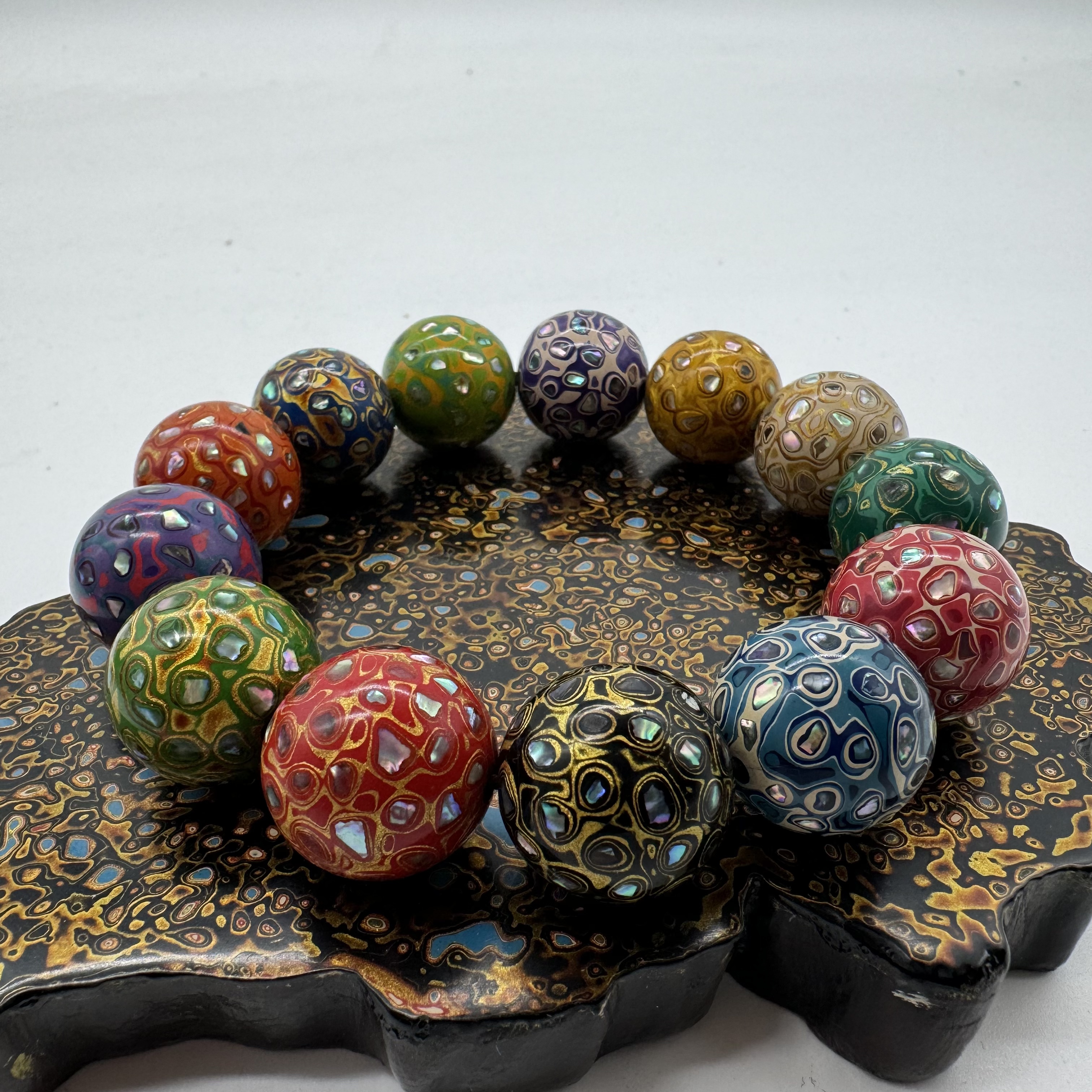 非遗大漆珠手串多宝珠镶欧珀犀皮工艺漆器大漆珠手链男女盘玩佛珠