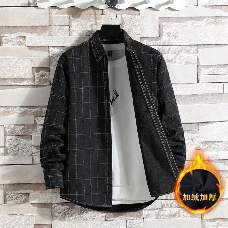 格子衬衫男士冬季新款长袖加绒加厚宽松保暖青年韩版外套潮流衬衣
