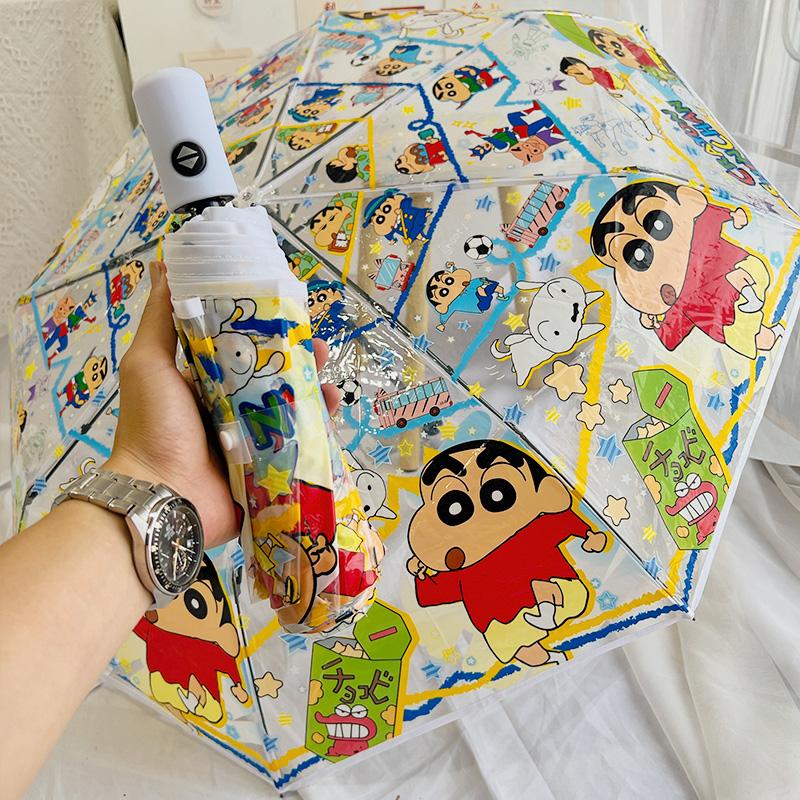 蜡笔小新透明雨伞全自动三折伞小学生直柄伞可爱折叠加厚女长柄伞