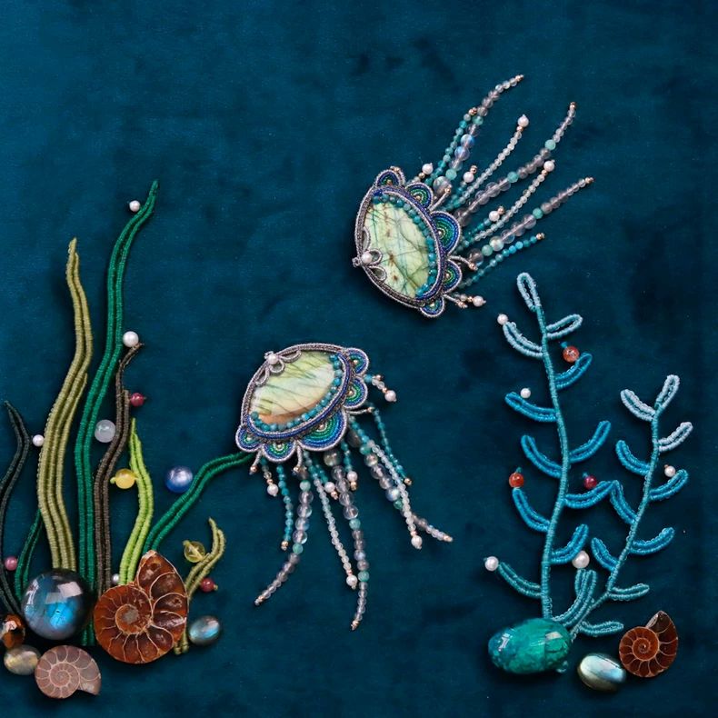 栖石原创中级编绳教程海底世界水母海洋精灵胸针耳环编绳饰品