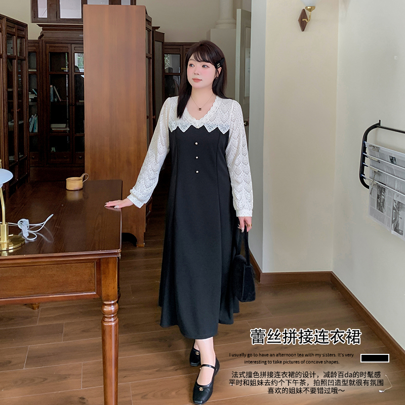 【霏霏专属】胖妹妹秋季新款时尚设计感蕾丝拼接连衣裙-Y-255