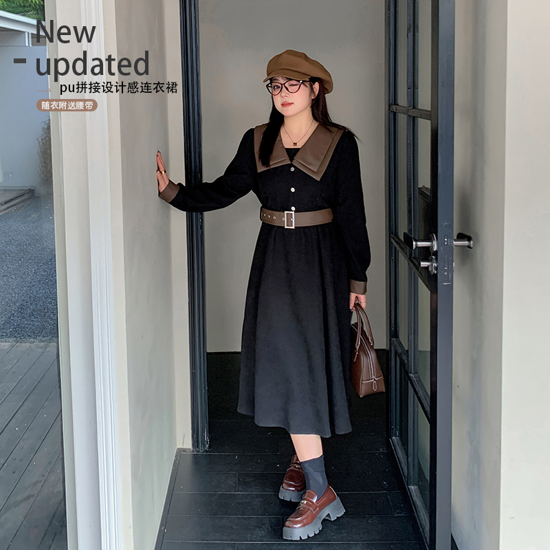 【霏霏推荐】复古PU拼接收腰连衣裙-L279