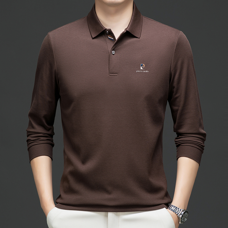 皮尔卡丹新款POLO衫秋冬季男士高端长袖打底衫时尚纯色翻领轻奢