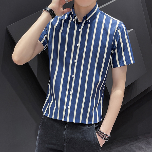 竖条纹短袖衬衫男士夏季薄款弹力免烫衬衣痞帅休闲百搭衣衫夏装 