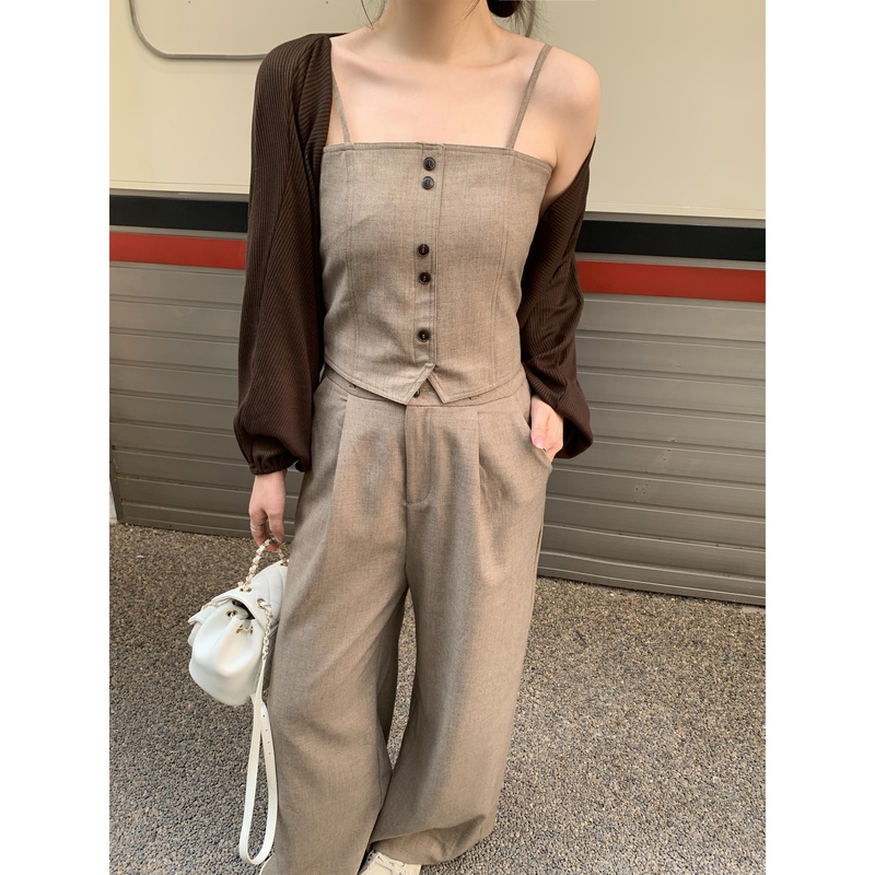 小沈美眉 随性慵懒 长袖披肩吊带背心西裤套装秋休闲阔腿长裤女