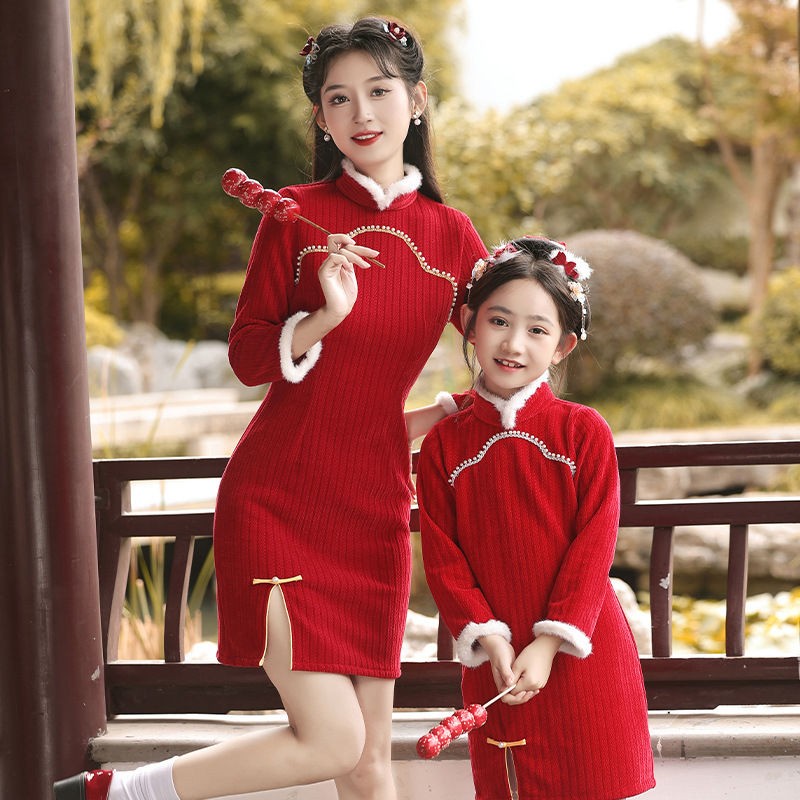 秋冬加绒加厚加毛儿童亲子改良前开叉旗袍宴会日常拜年旗袍服