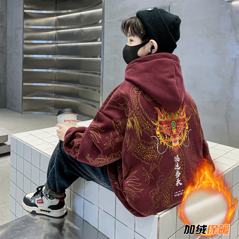 儿童装男童卫衣加绒加厚冬季2024新款男孩红色大童龙年本命年衣服