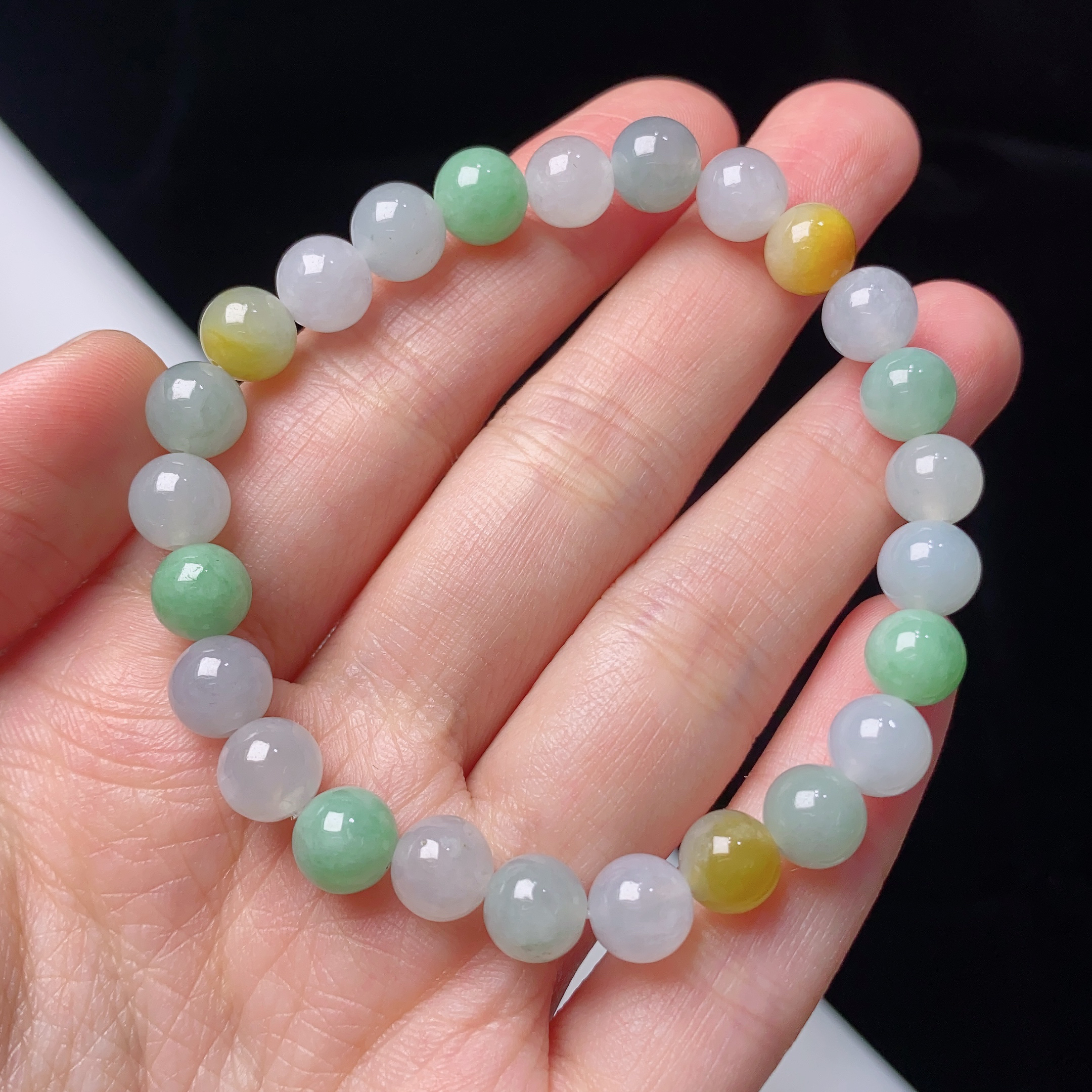 缅甸天然翡翠A货冰润多宝马卡龙圆珠手链卡7.3mm