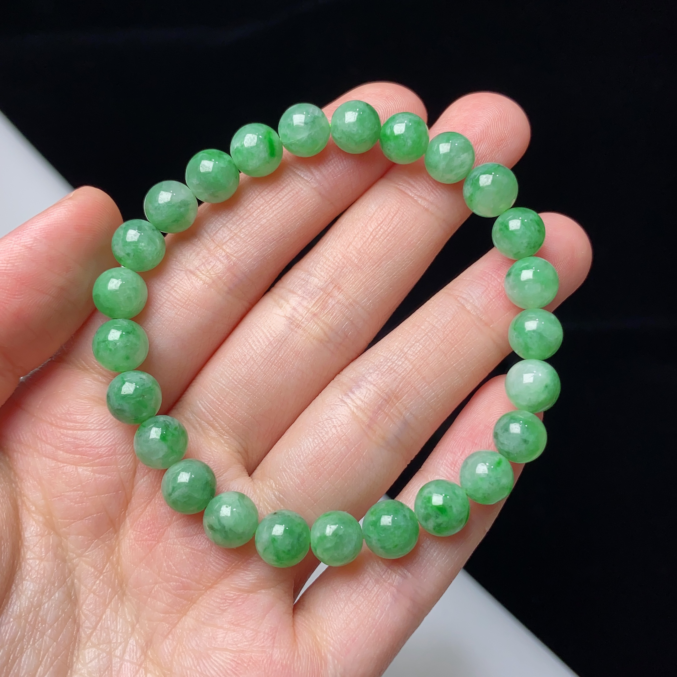缅甸天然翡翠A货冰润飘阳绿手链卡7.5mm