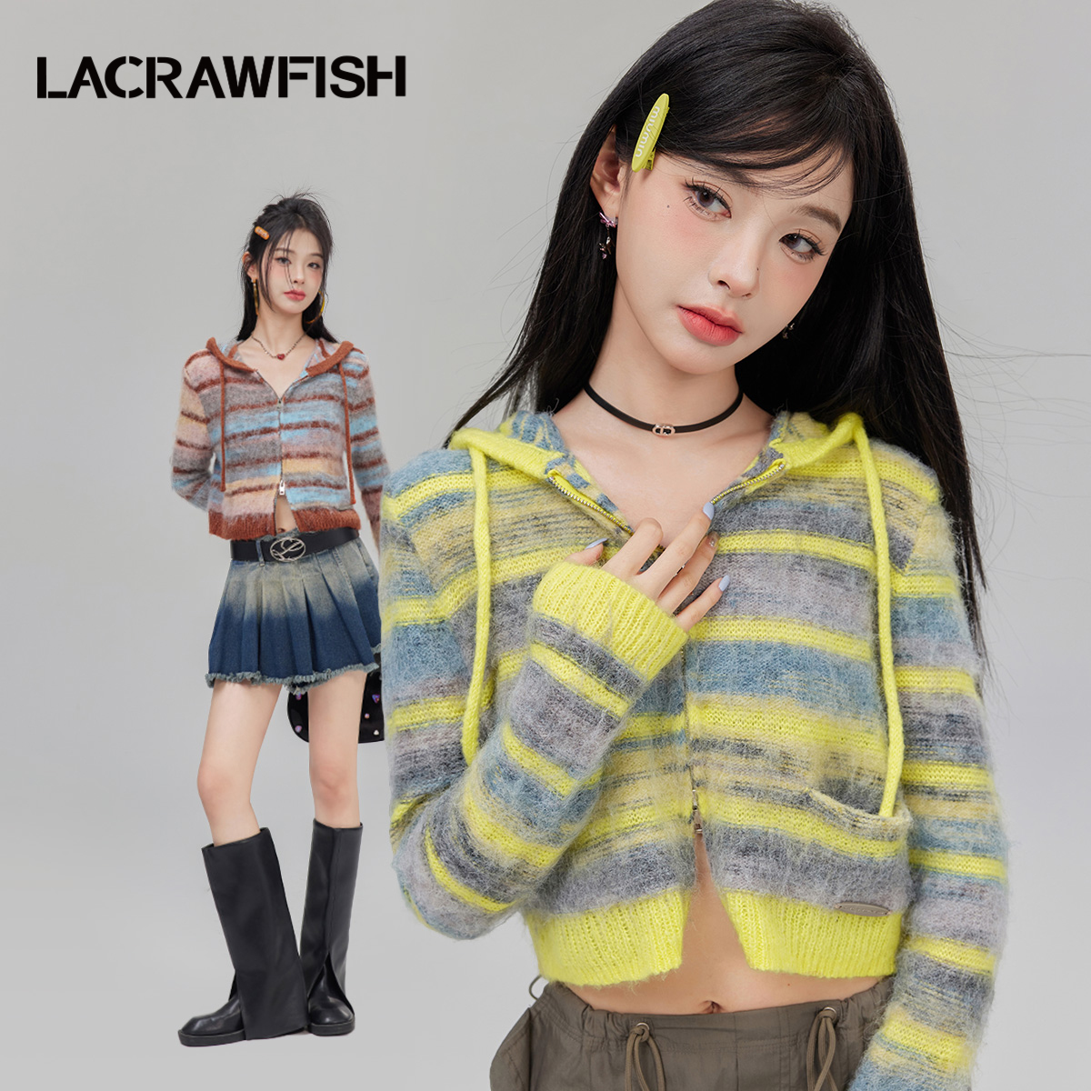 【金拐子专属】LA CRAWFISH甜美渐变马海毛连帽条纹针织开衫DCE016