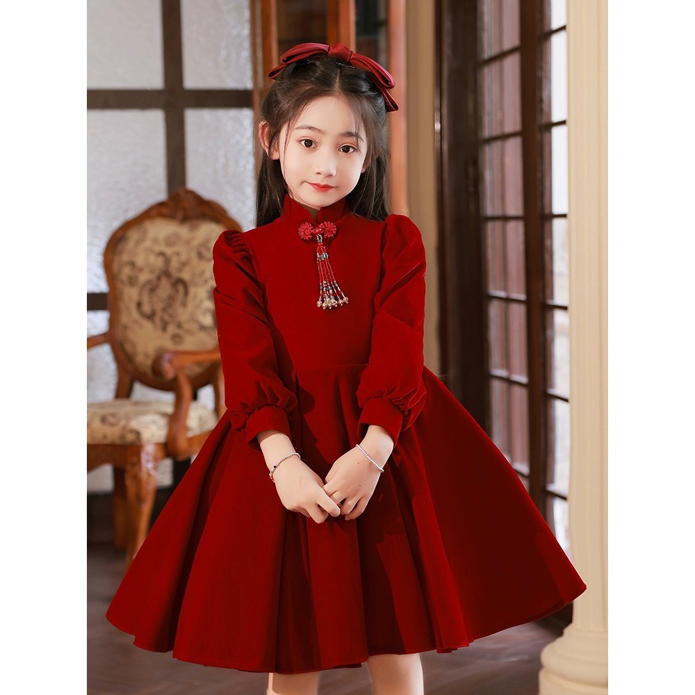 12女童红色礼服秋冬新款小众轻奢拜年服生日公主裙钢琴演出主持服