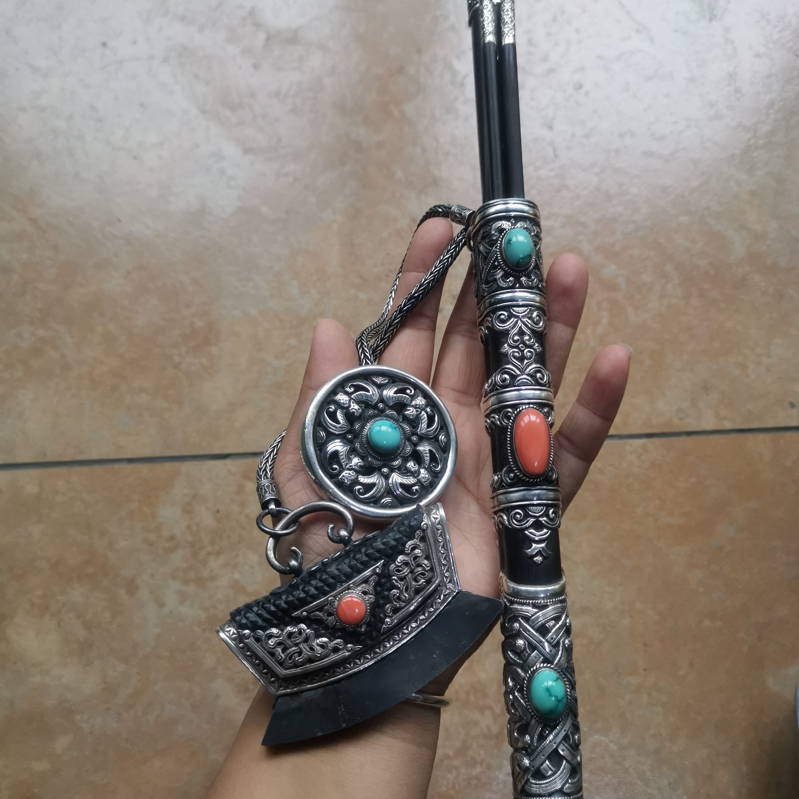 足银木质银制品 足银纯银制作33厘米手把肉刀镶嵌纯手工民族风