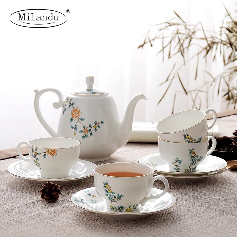 Milandu骨瓷轻奢茶杯茶壶套装 礼盒送礼西湖风景玉兰壶茶具9件套