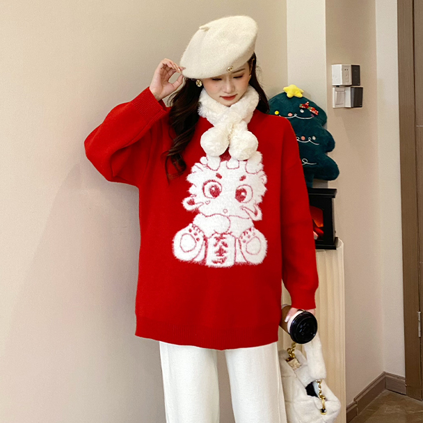 孕妇虎年圆领秋冬装套头针织衫宽松时尚显瘦慵懒风百搭毛衣中长款