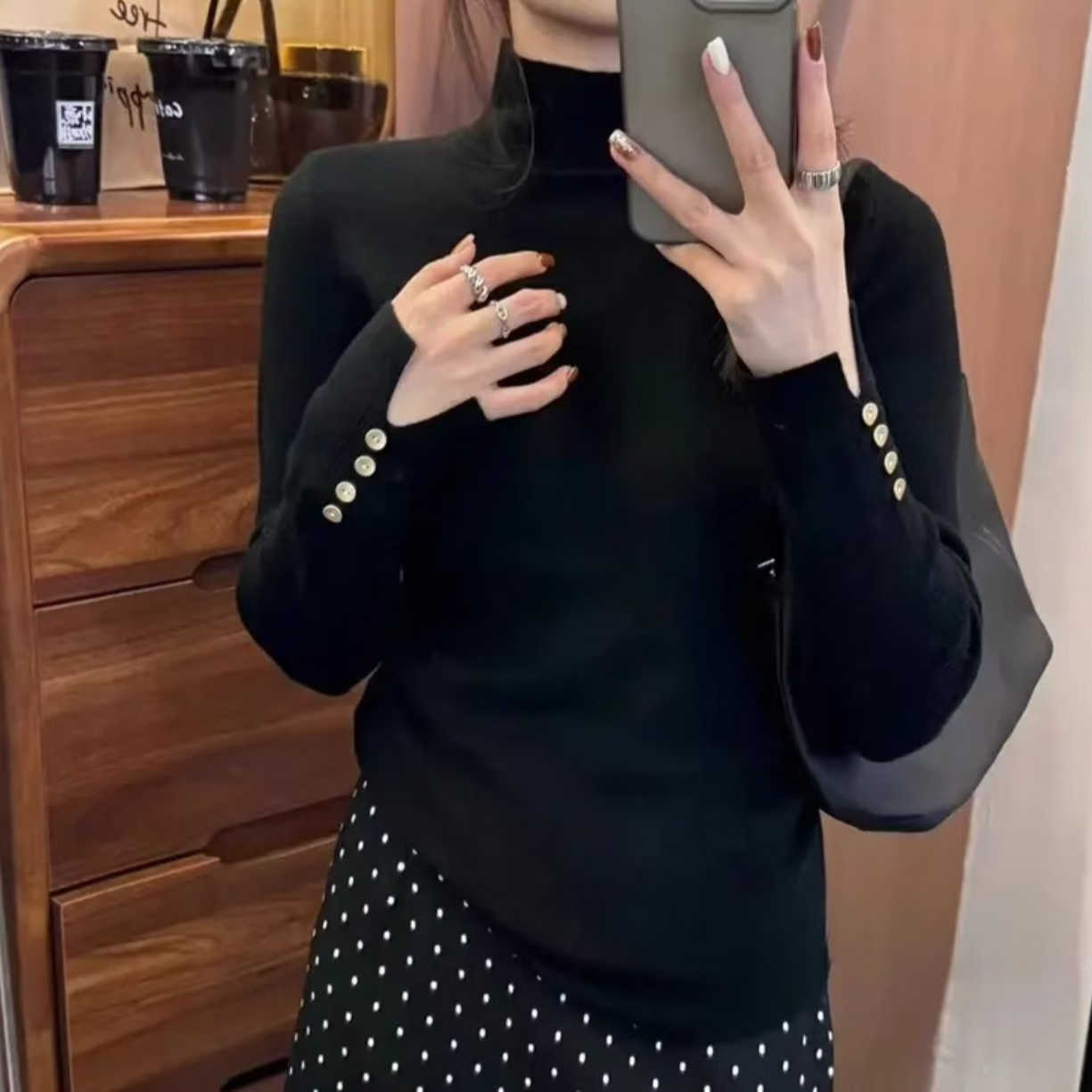 2025秋冬季新款纽扣半高领针织衫毛衣女打底衫半高领毛衫 E22-1