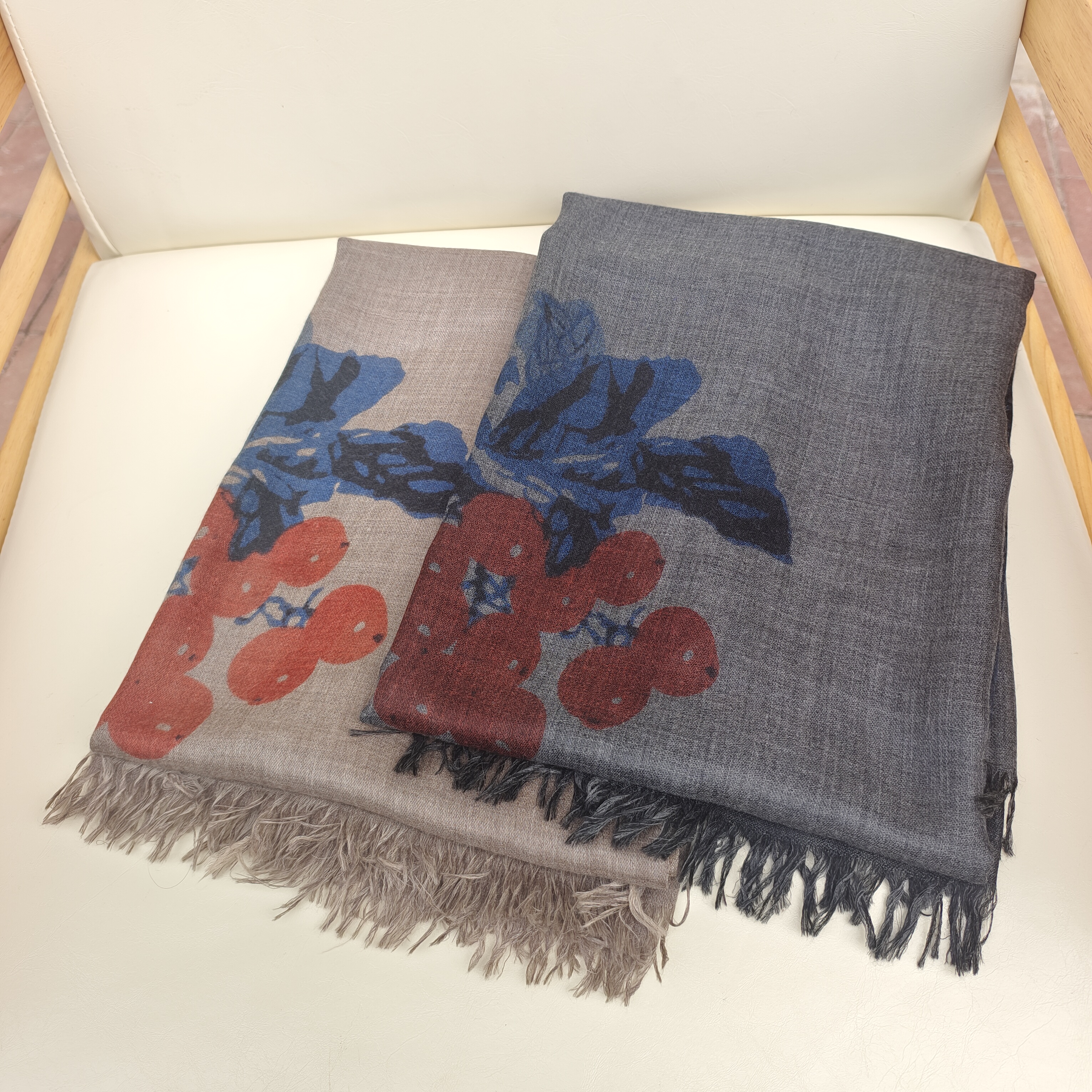 双面手绘柿柿如意羊绒冬季围巾/色织提花披肩保暖秋冬百搭时尚