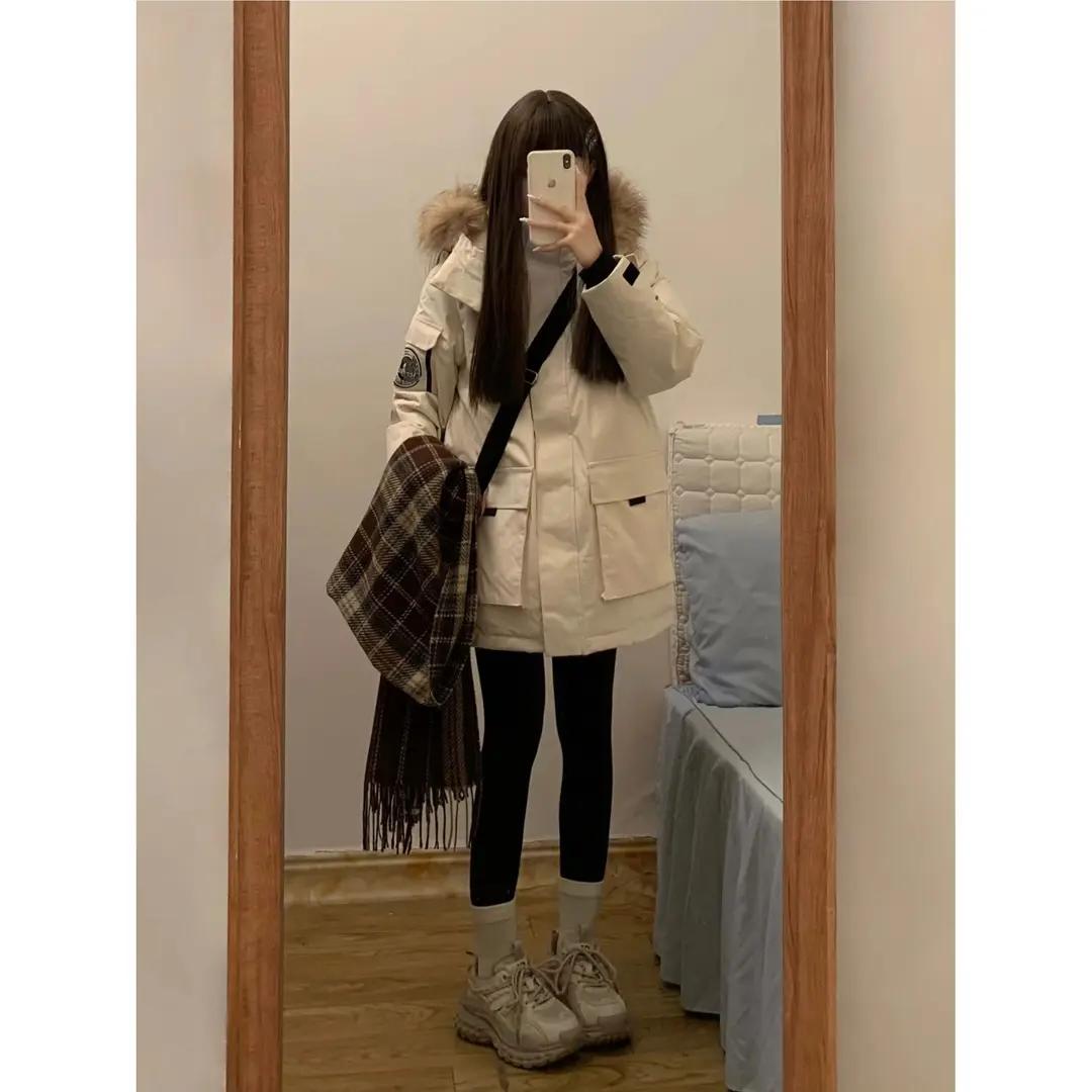CxcvcK大毛领派克羽绒服服女2023冬季新款连帽棉袄外套宽松加厚工