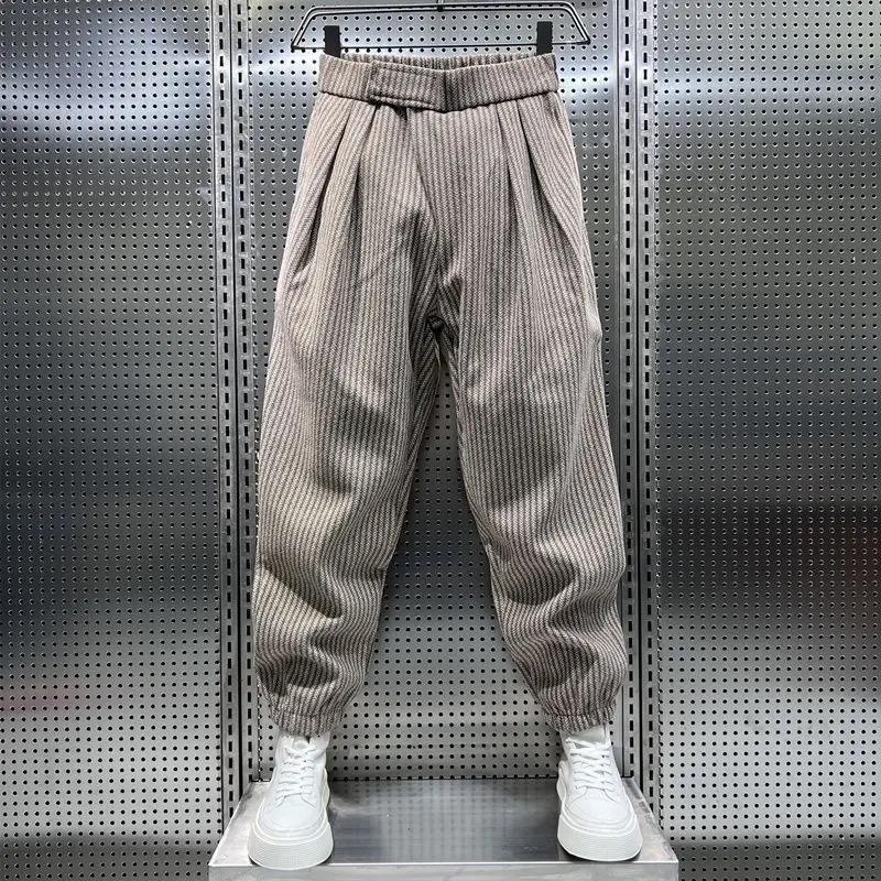帅气百搭春秋条纹休闲裤加厚秋冬新款潮牌毛呢束脚潮流男士加绒裤