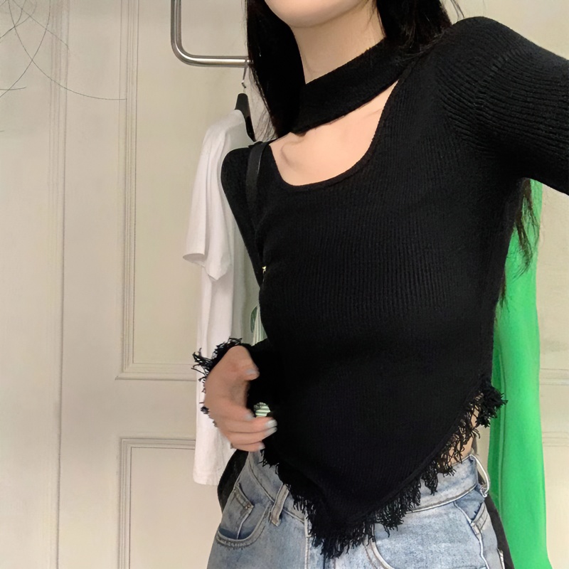 春季新款显瘦短款性感修身长袖针织衫露肩辣妹百搭夏季黑色