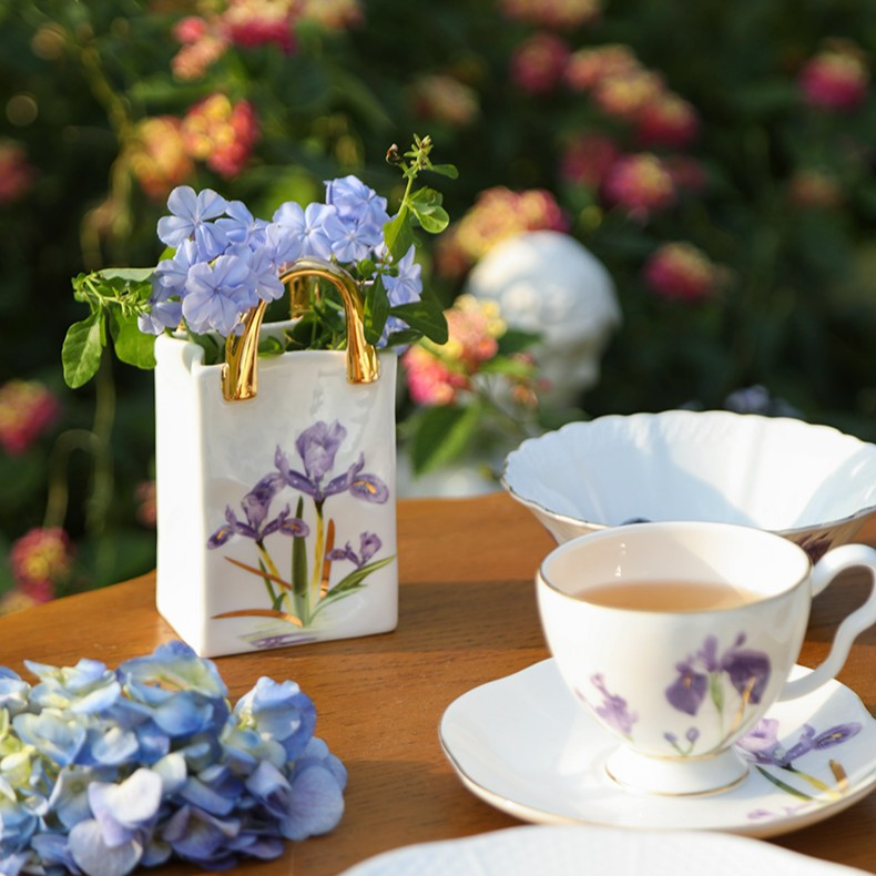 安娜16点（鸢尾花）骨瓷手袋花瓶插花下午茶精致花瓶客厅摆件