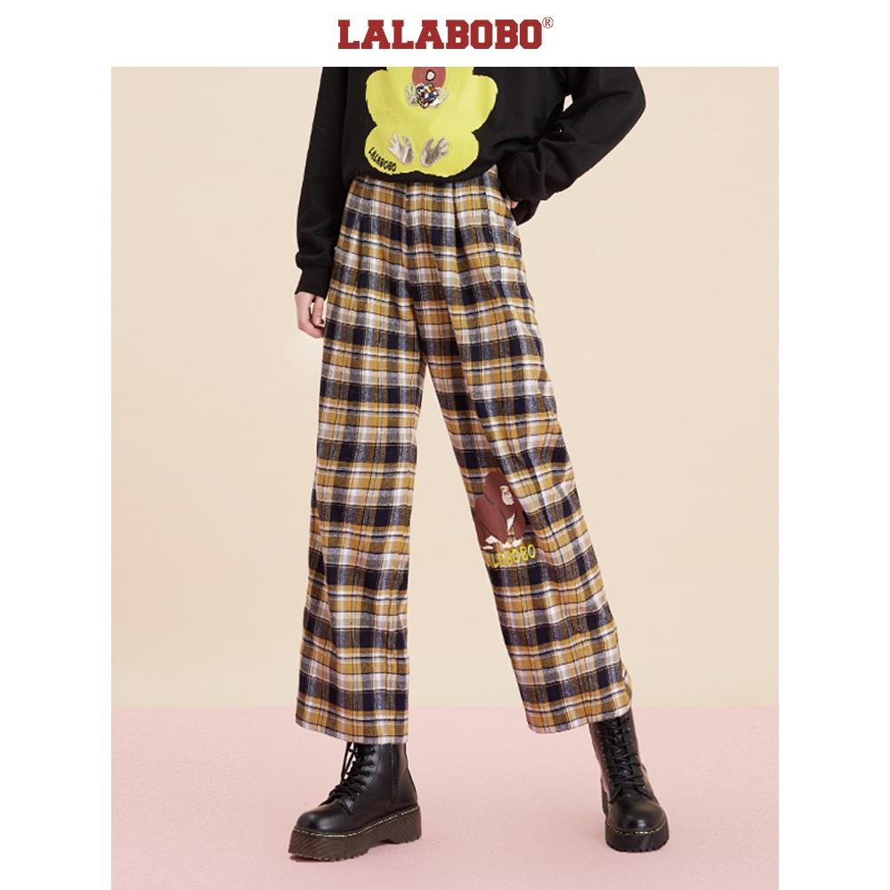 石家庄奥莱LALABOBO格纹刺绣高腰宽松显瘦阔腿长裤女|L20C-WXZC26