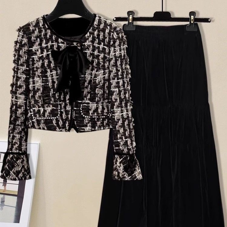爆款香风套装秋冬新款粗花呢短外套+半身长裙两件套时尚高端女装