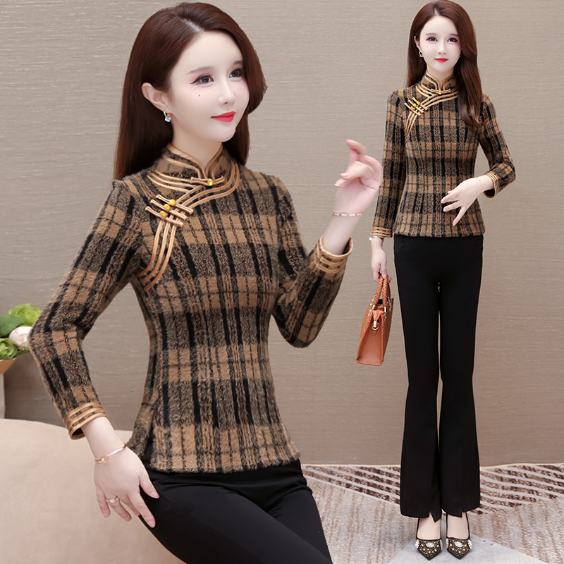 中式改良修身旗袍上衣女秋冬2025年新款加厚磨毛格纹优雅妈妈衬衫