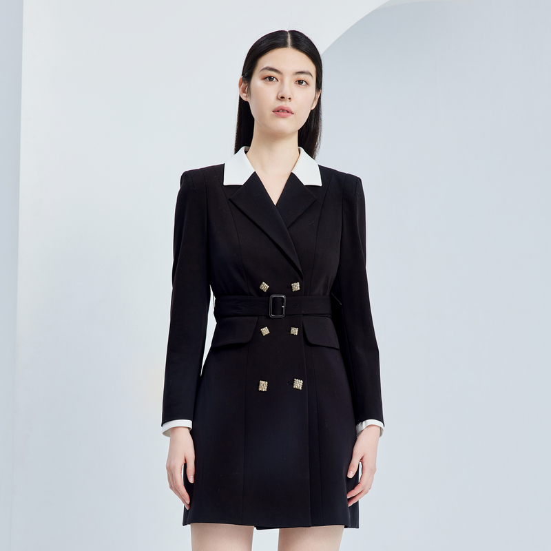 XG雪歌黑色连衣裙秋季新款通勤羊毛西装短裙女装