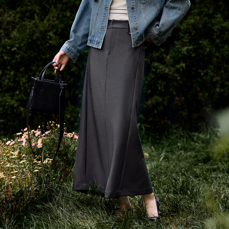 XG雪歌灰色绵羊毛高腰半身裙秋季新款中长款开叉设计A字裙女