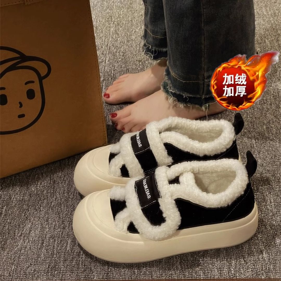 红蜻蜓牌厚底松糕魔术贴面包鞋女羊羔毛加绒保暖2023年新款奶fufH