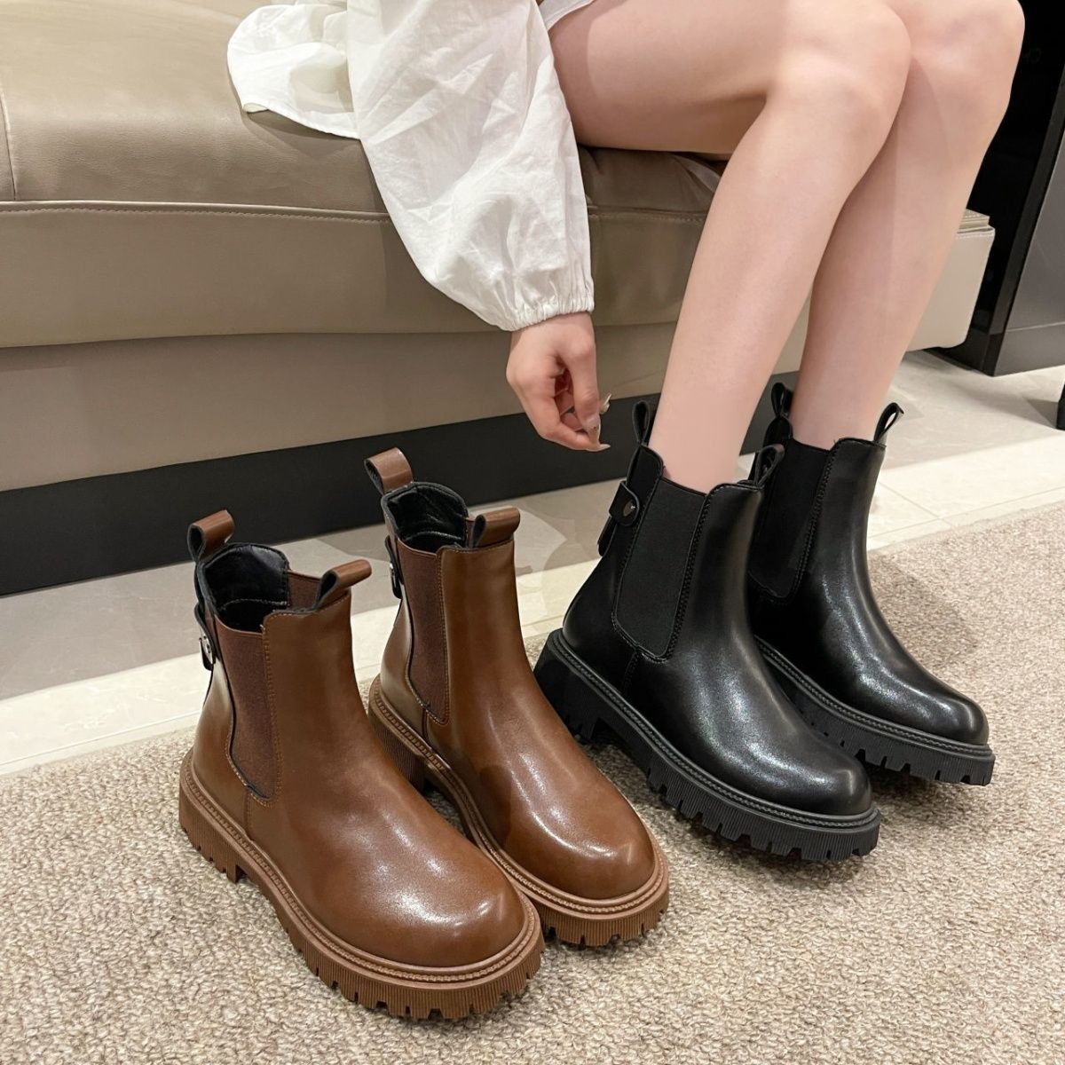 红蜻蜓牌切尔西新款女靴2023新款英伦风厚底马丁靴春秋瘦瘦靴小H