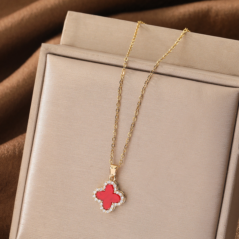 合金项链 四叶草项链时尚百搭红色ins小众