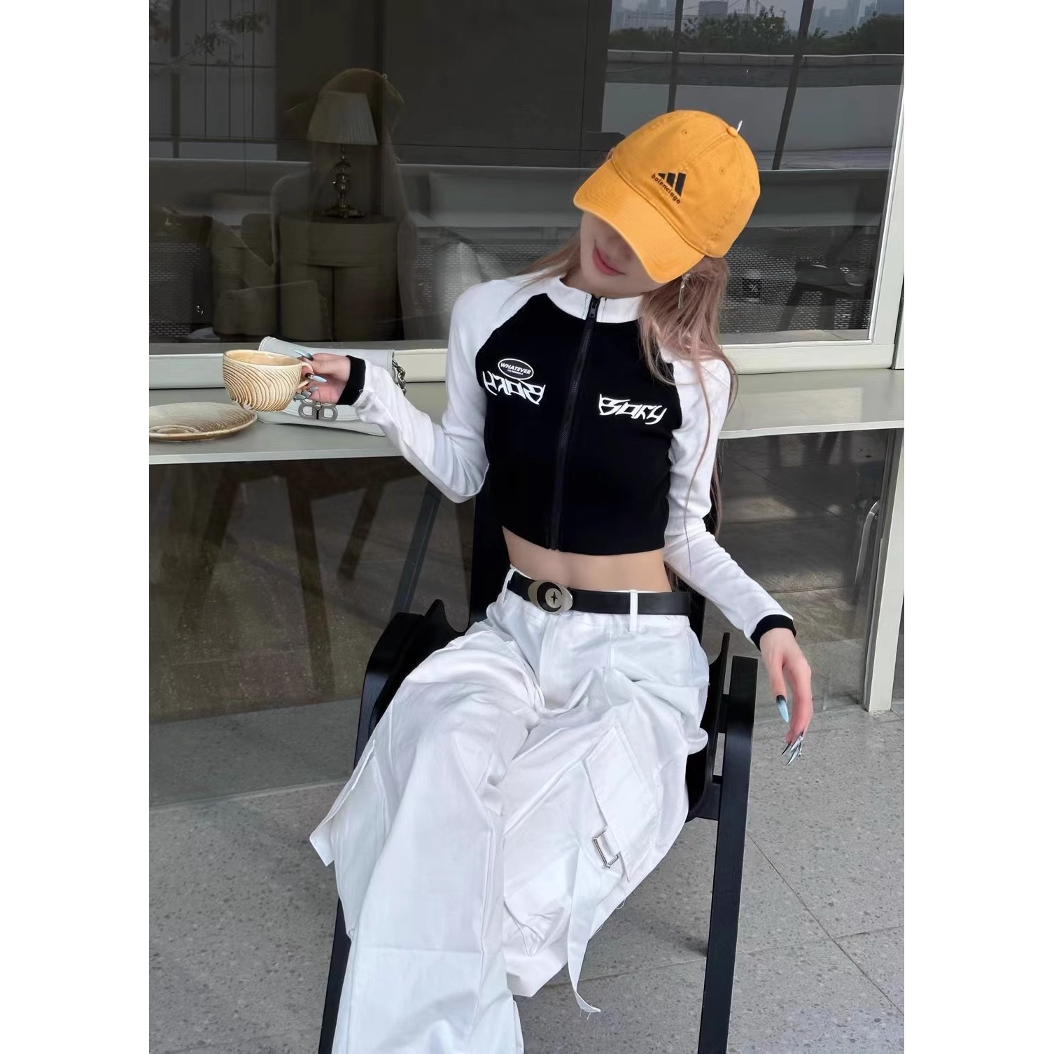 复古机车半高领短款拉链外套女2023春秋辣妹紧身高腰长袖T恤上衣