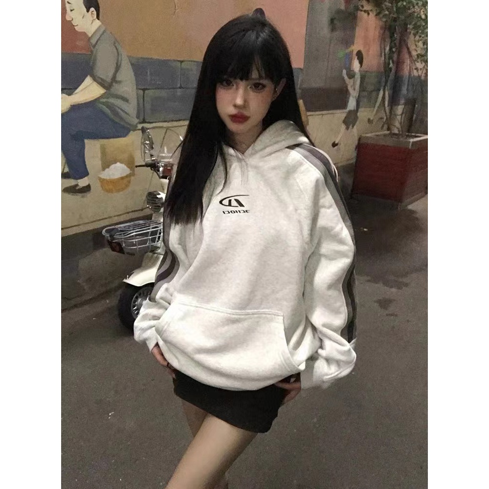韩系高街潮牌带帽卫衣女小众条纹设计时尚休闲宽松遮肉秋季上衣潮