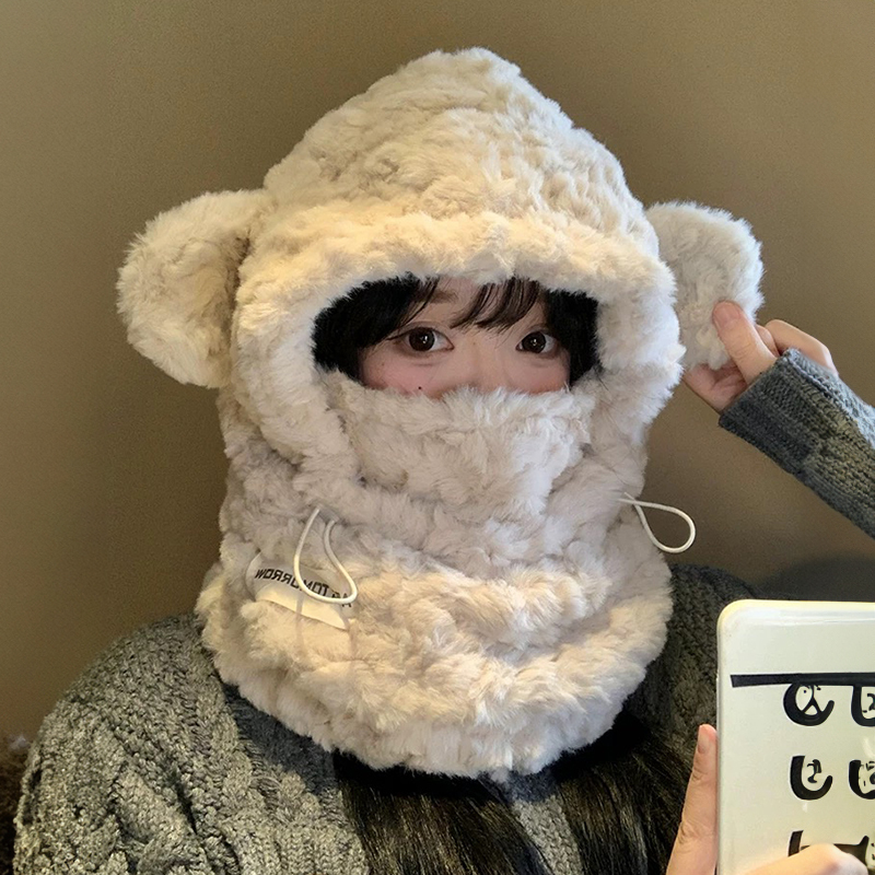 小熊卡通可爱帽子加厚防寒保暖帽子女秋冬百搭毛绒帽骑行防风韩版