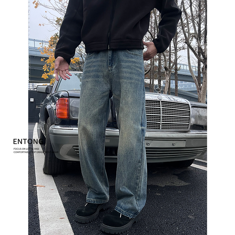 Entong美式高街潮流直筒牛仔裤男生宽松显瘦cleanfit加绒裤子秋冬