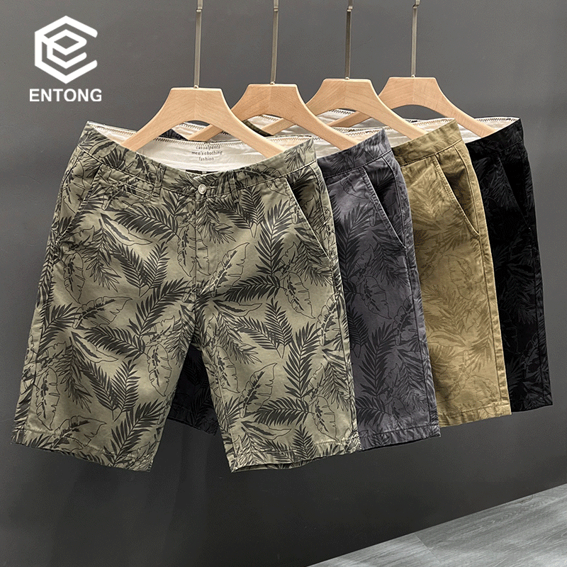 男士短裤夏季新款高端印染树叶花纹设计五分裤男款休闲百搭中裤男