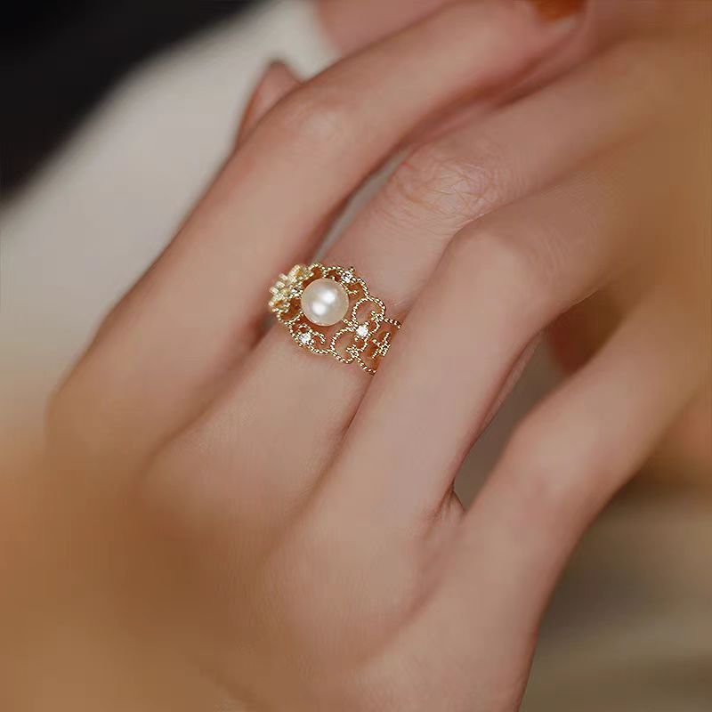 指尖花语花边淡水珍珠戒指女气质小众设计高级感开口食指戒指环