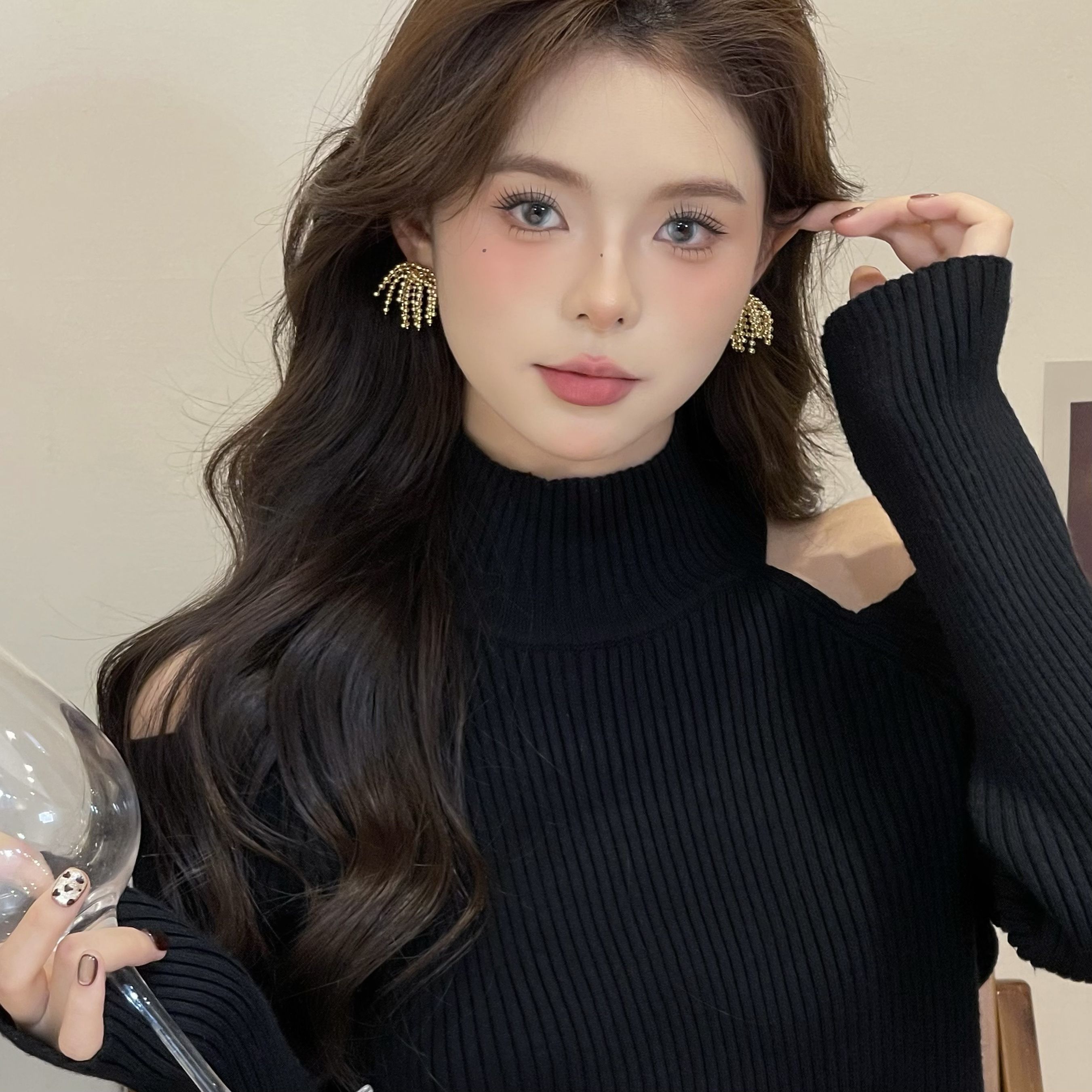 铜合金耳饰   W581金色烟花流苏耳钉气质百搭时尚高级