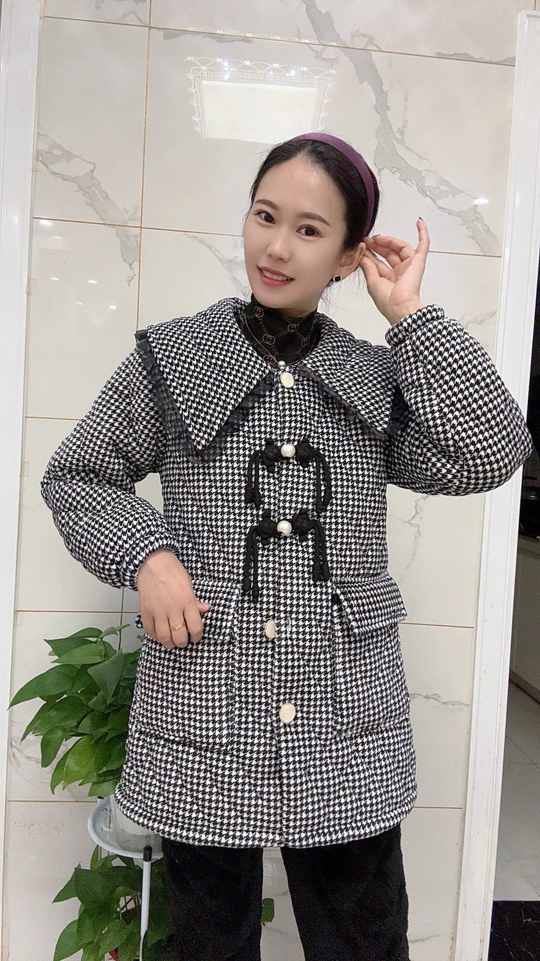 2071新款千鸟格三层加厚保暖套装冬季家居服外出款